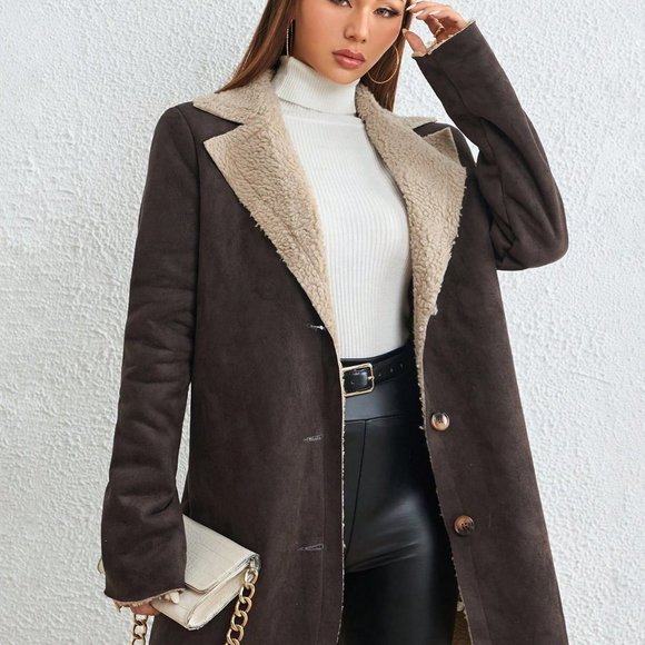 Brown Preppy Womens Lapel Collar Teddy Lined Suedette Coat - Picture 4 of 5